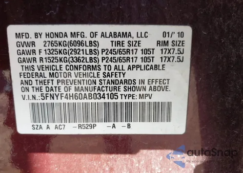 2010 Honda Pilot Ex-L from USA, damaged, VIN 5FNYF4H60AB034105